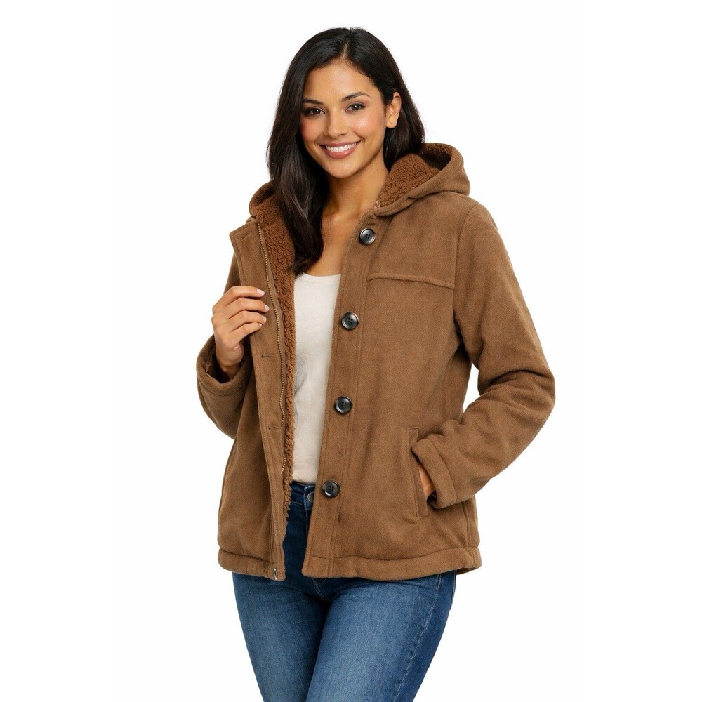 B Apparel Brown Sherpa Lined Hooded Jacket Womens Medium Fleece Button Zip Coat